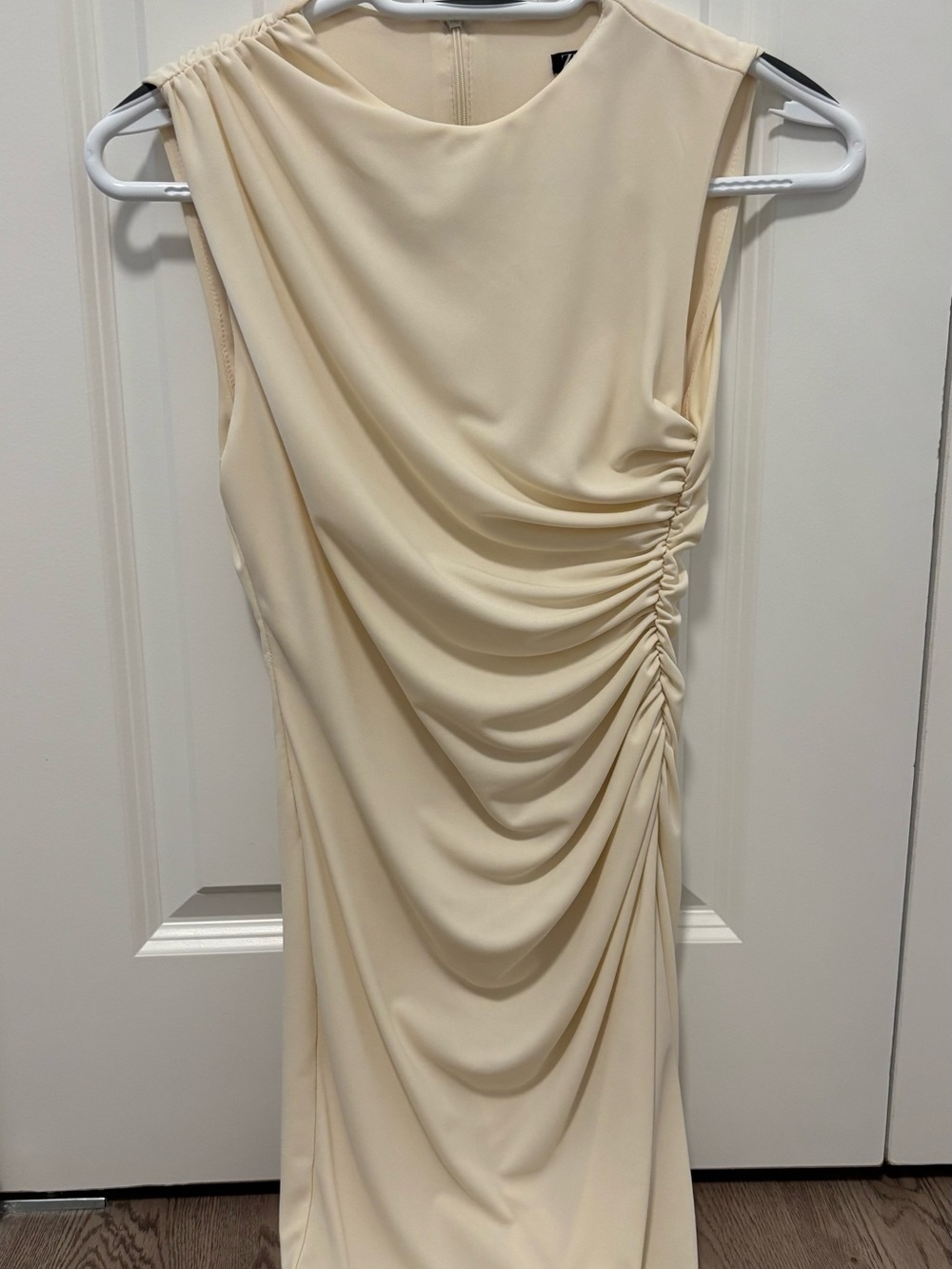 Zara Cream Sleeveless Ruched Side Midi Dress
